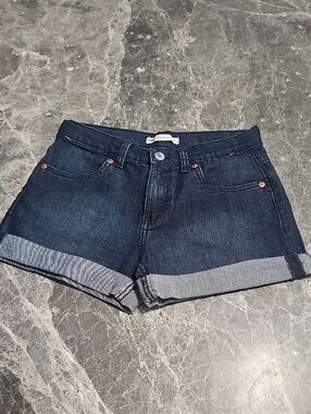 Levi's Girlfriend Dark Blue Denim Cuffed Shorts Adjustable Waist Stretch